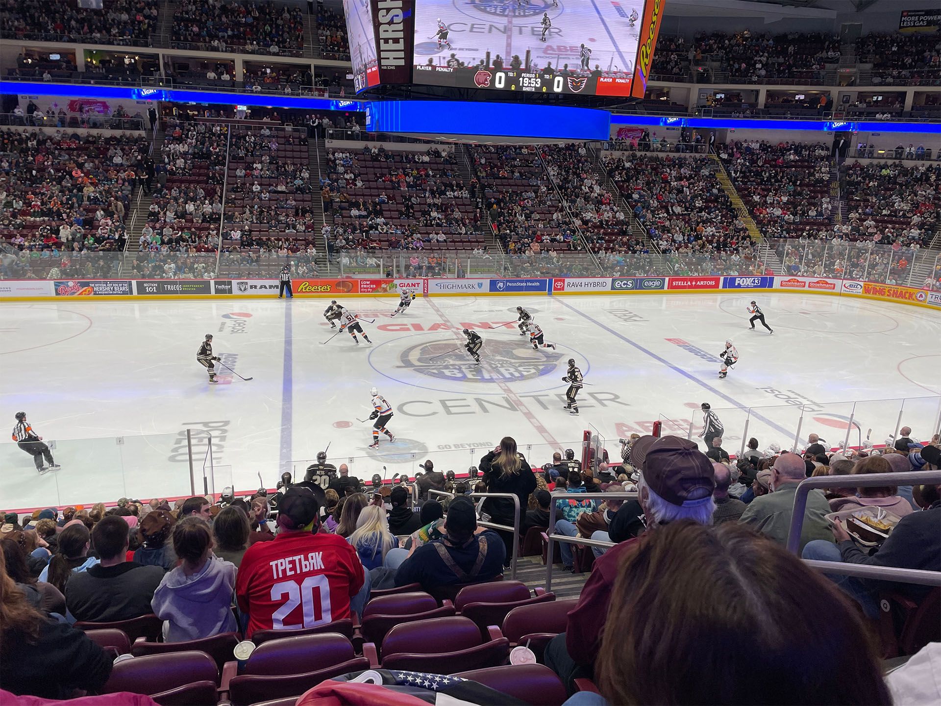 The Lehigh Valley Phantoms playing the Hershey Bears in a hockey game at the Giant Center in Hershey, Pennsylvania