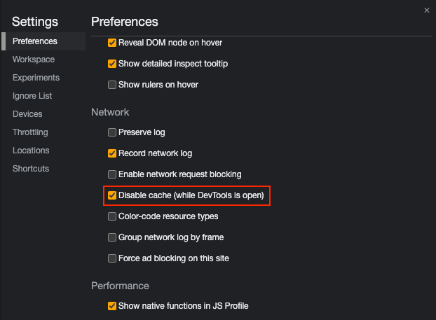 A screen shot of the preferences screen in Chrome dev tools