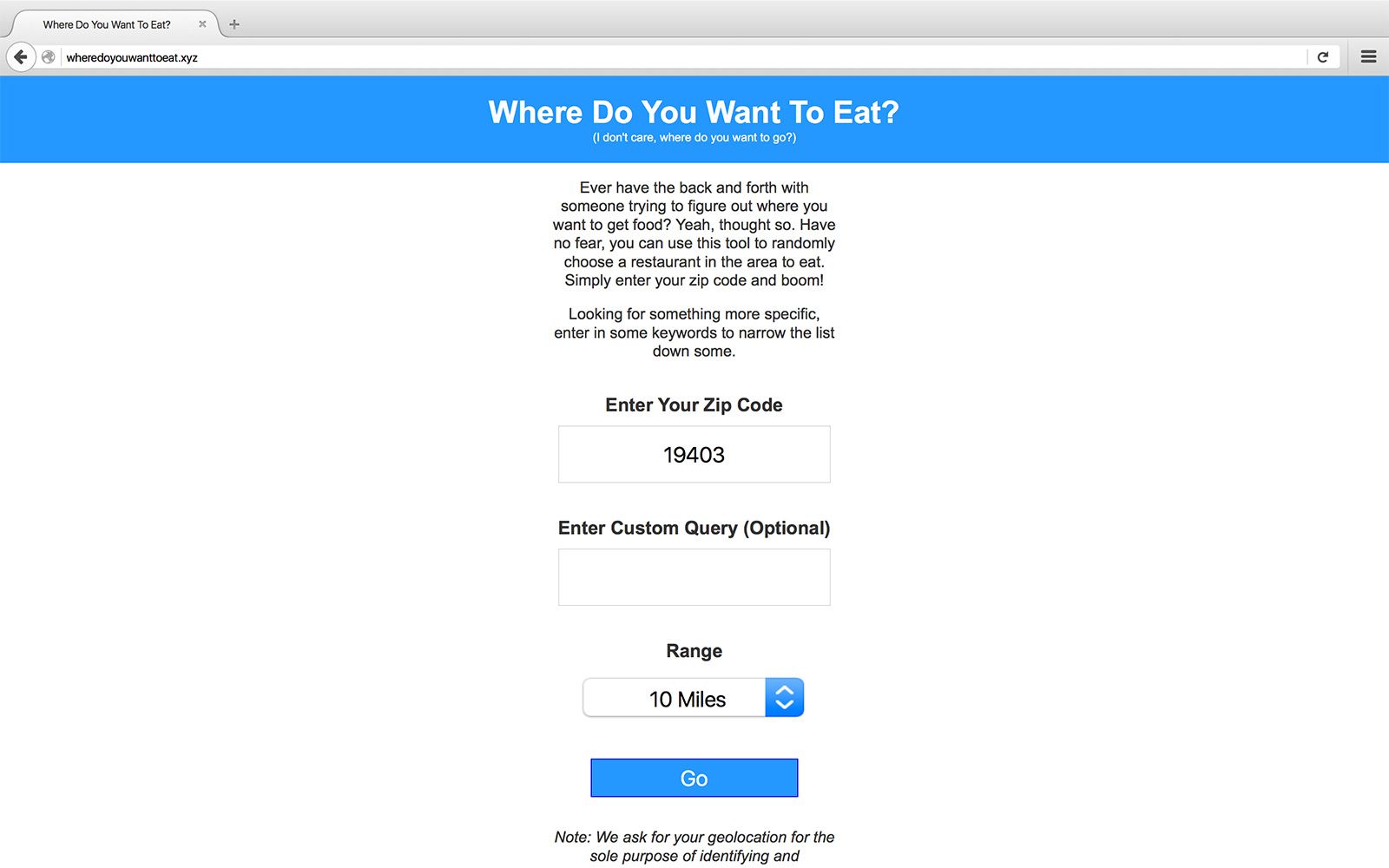 A screenshot of my Where Do You Want to Eat website