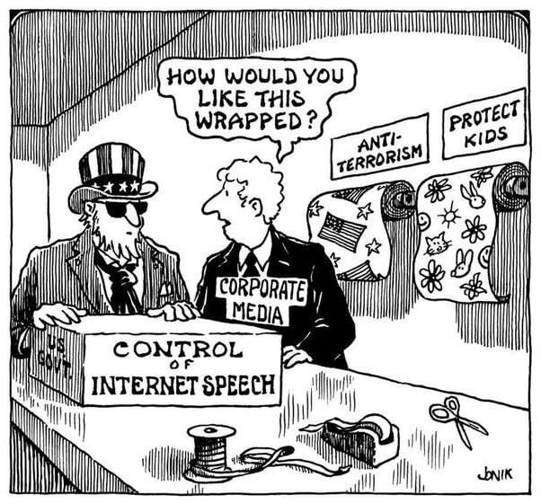 A cartoon showing a man representing corporate media offering to wrap a package depicting control of internet speech in either 'anti-terrorism' wrapping paper, or 'protect the kids' wrapping paper