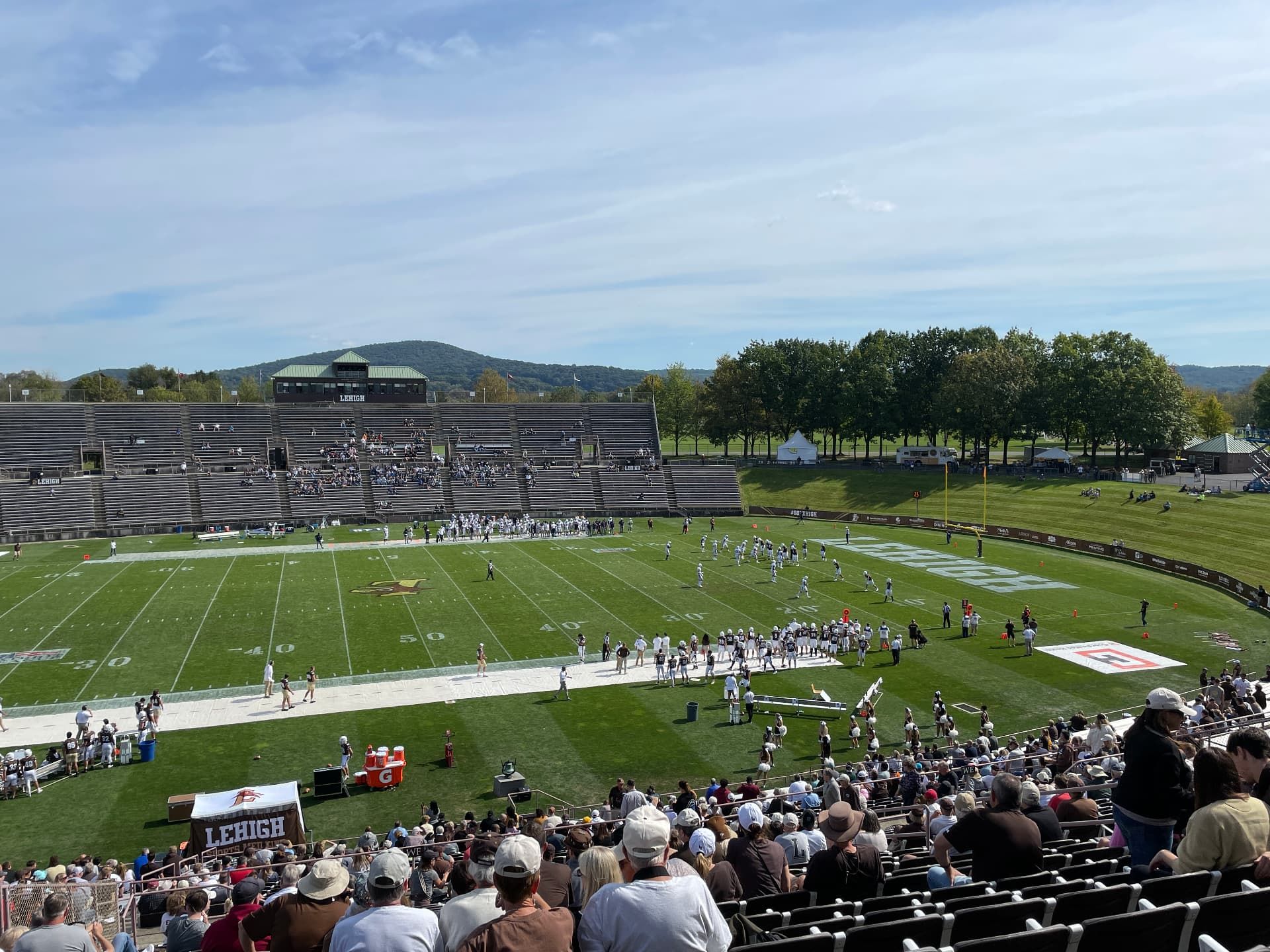 The Lehigh University football team taking the snap deep in their own zone