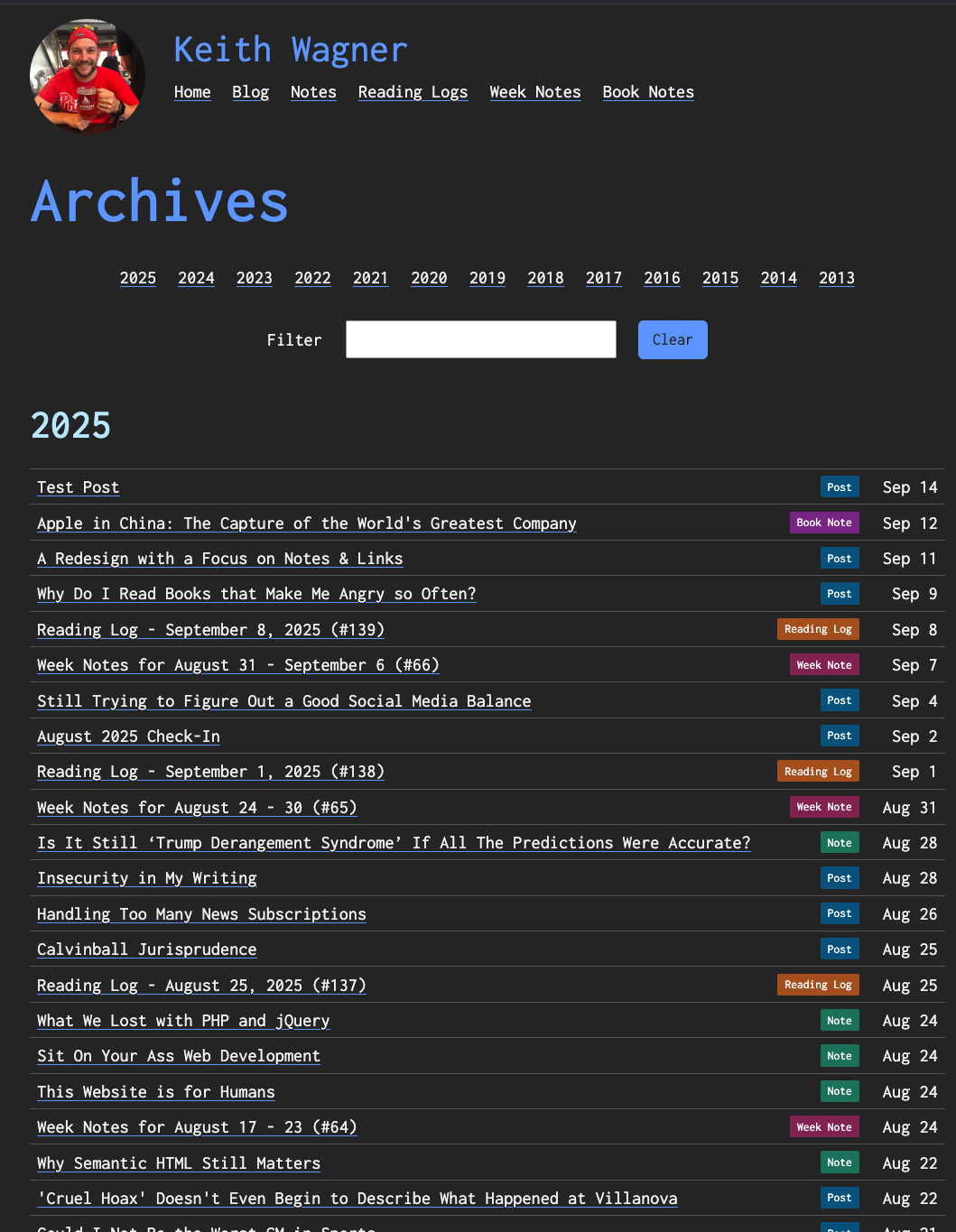 A screenshot of my new archives page with all the posts listed with their date and post type