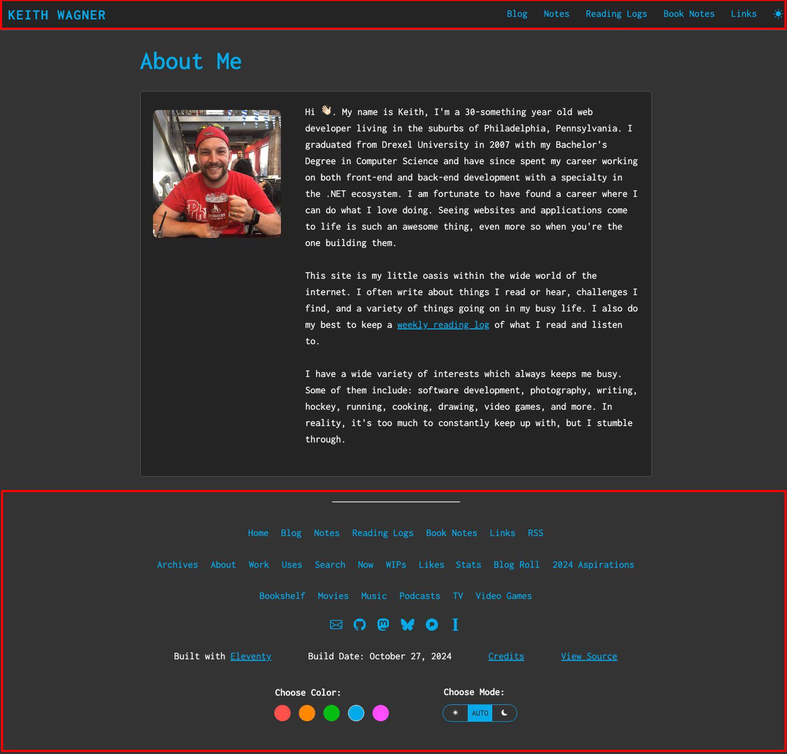 A screen capture of my about page showing that each page has a header and footer with content between them.