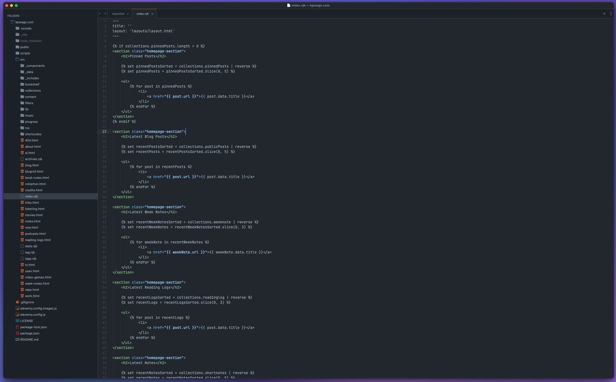 My sublime text setup showing the code of my homepage.
