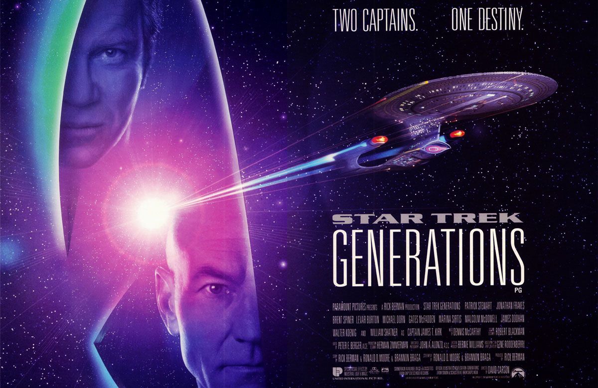 A poster for Star Trek Generations featuring the images of Kirk and Picard with the Enterprise D