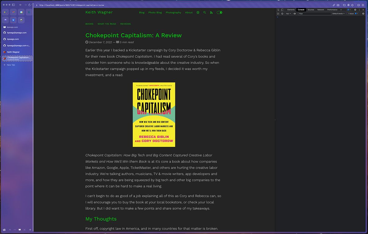 A screen shot of the the developer console open alongside my blog