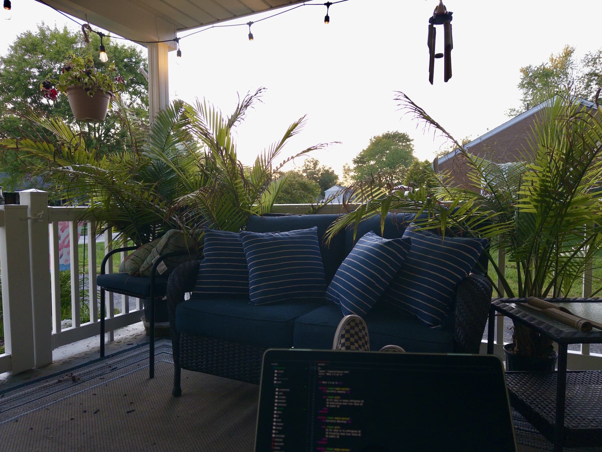 The view from my porch with a couch, some palms with my feet and the top of my laptop screen